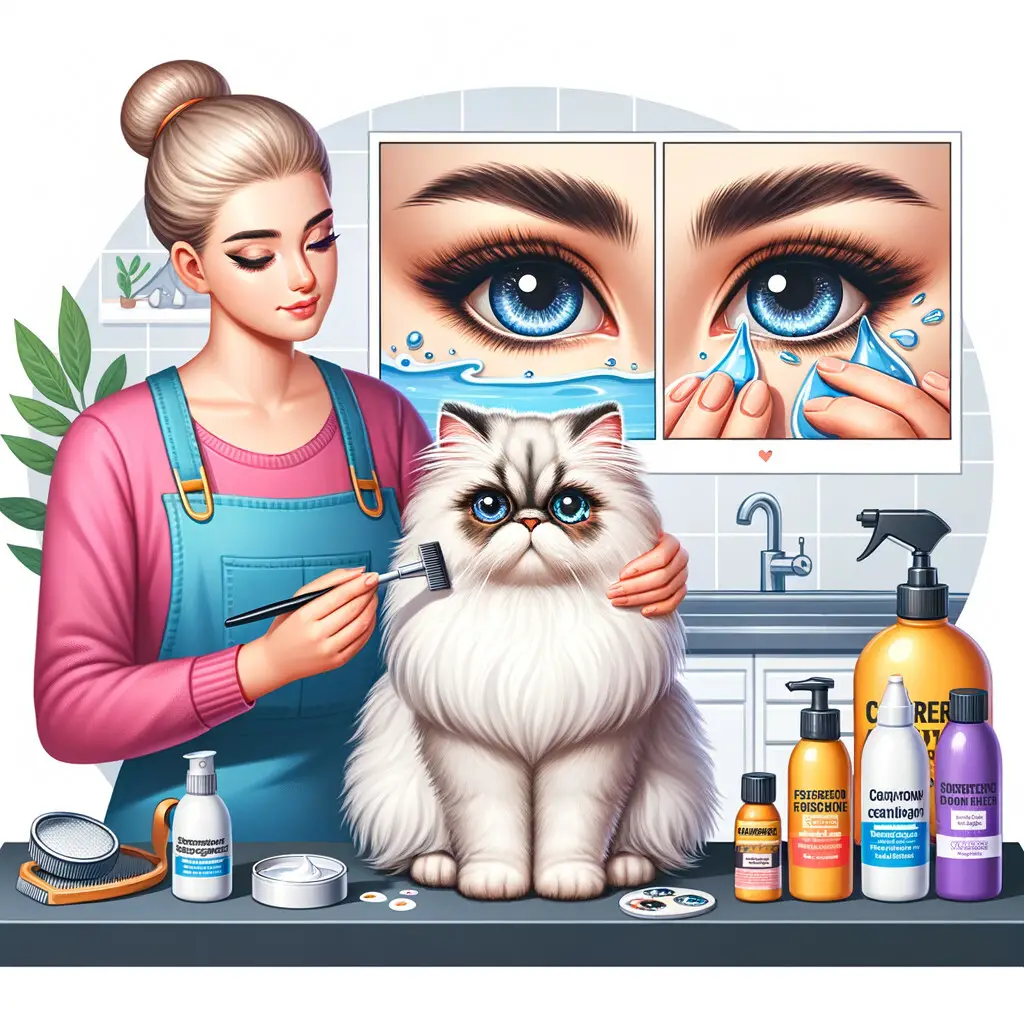Professional cat groomer demonstrating Persian cat tear stains management using cat eye care products for optimal Persian cat health and maintenance