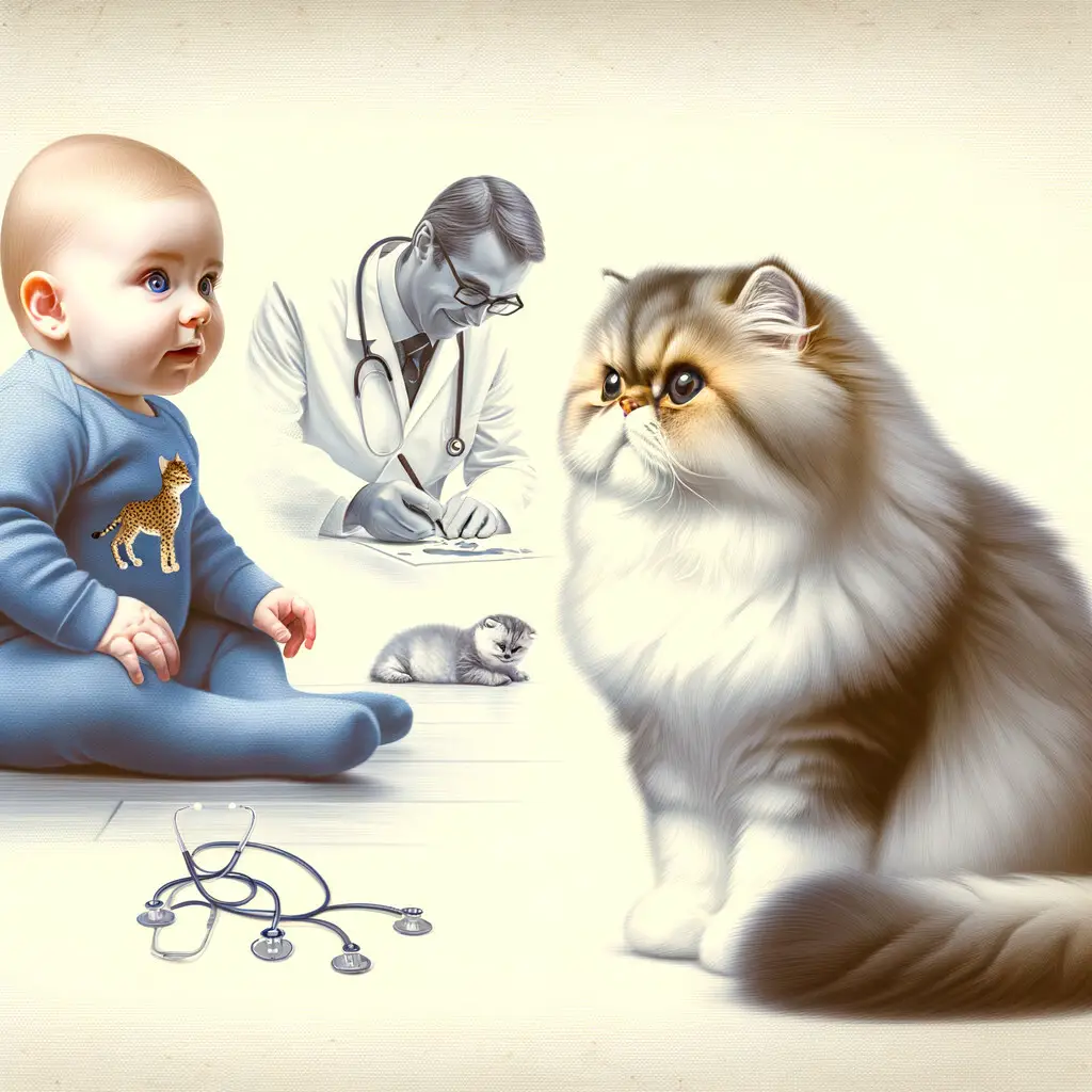 Persian cat with gentle temperament being introduced to a curious baby, illustrating Persian cat behavior, cat and baby safety, and the process of preparing a cat for a new baby, perfect for articles on Persian cat adoption, Persian cat care with kids, and socializing Persian cats.