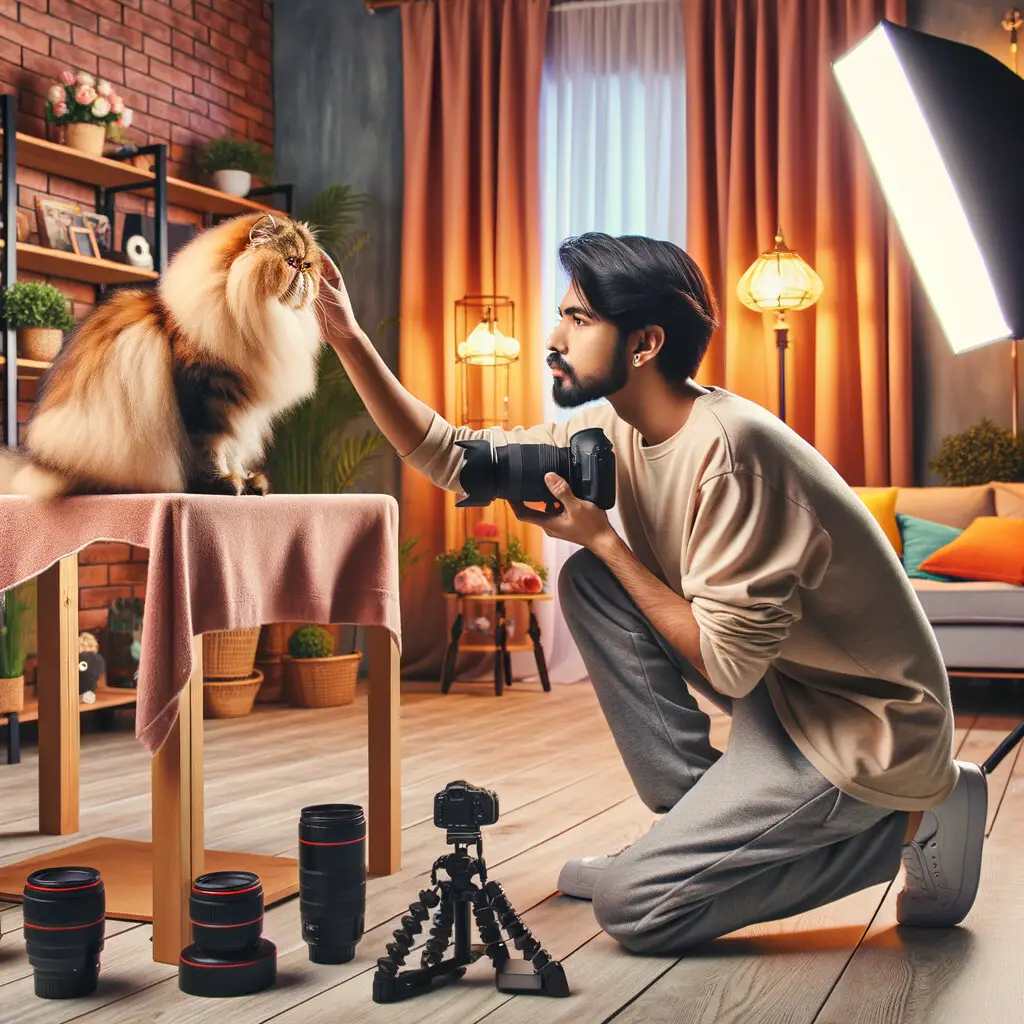 Professional cat photographer setting up a Persian cat photo shoot, demonstrating the art of photographing cats and various cat photography techniques.
