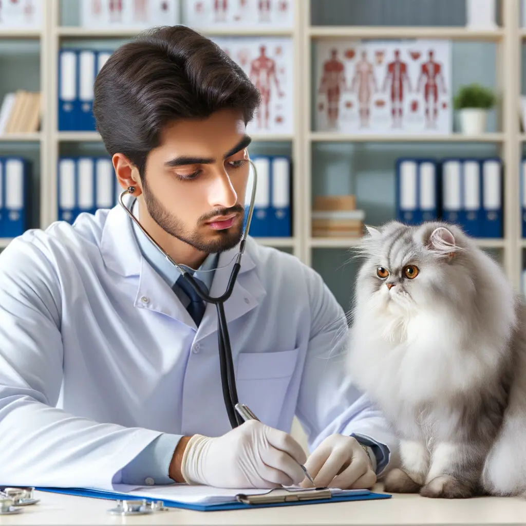 Expert Persian cat veterinarian examining a fluffy Persian cat in a clean clinic, surrounded by Persian cat health care books and charts, illustrating the importance of choosing the right cat vet for Persian cat health issues.