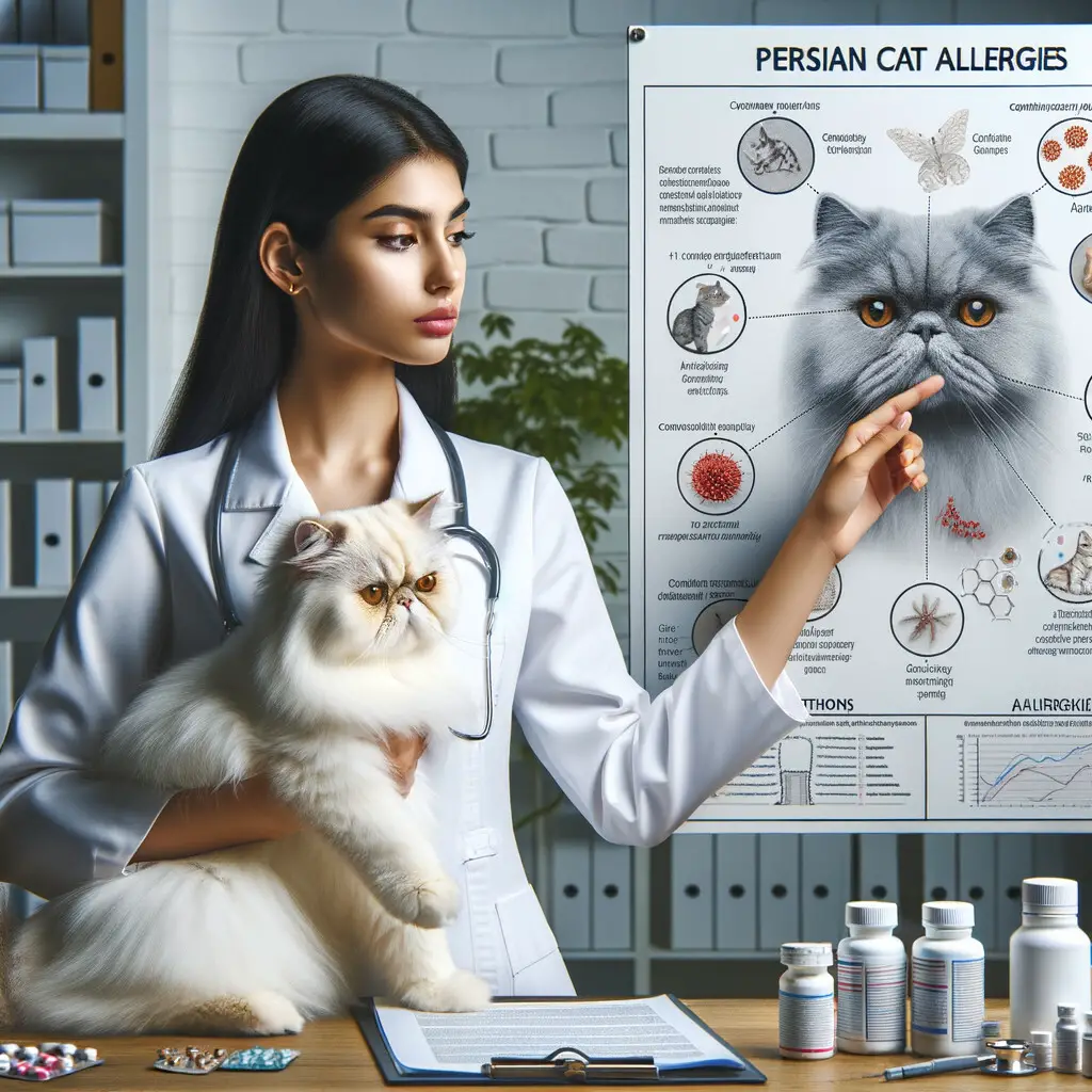 Veterinarian in white coat holding a Persian cat, pointing at a chart of Persian cat allergy symptoms, with tools and medications for managing and treating Persian cat allergies displayed on a clinic table.