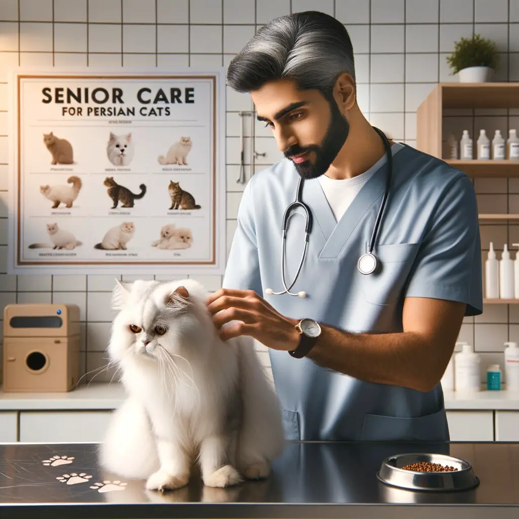 Veterinarian examining an elderly Persian cat in a clinic, demonstrating a Senior Care Plan for Persian Cats and the health care needs of Aging Persian Cats.
