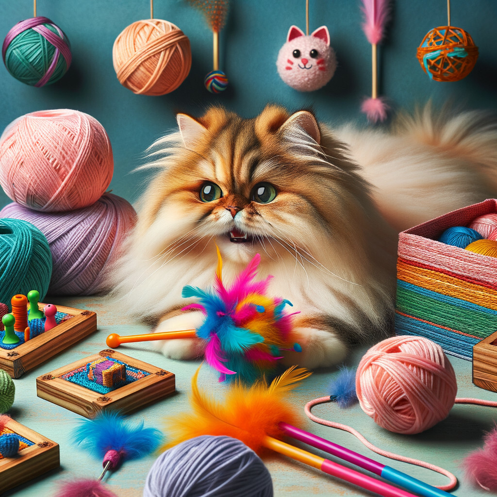 Persian cat joyfully playing with creative DIY cat toys including colorful yarn balls, feather wands, and interactive puzzle boxes, showcasing fun homemade Persian cat toy ideas and DIY Persian cat accessories.