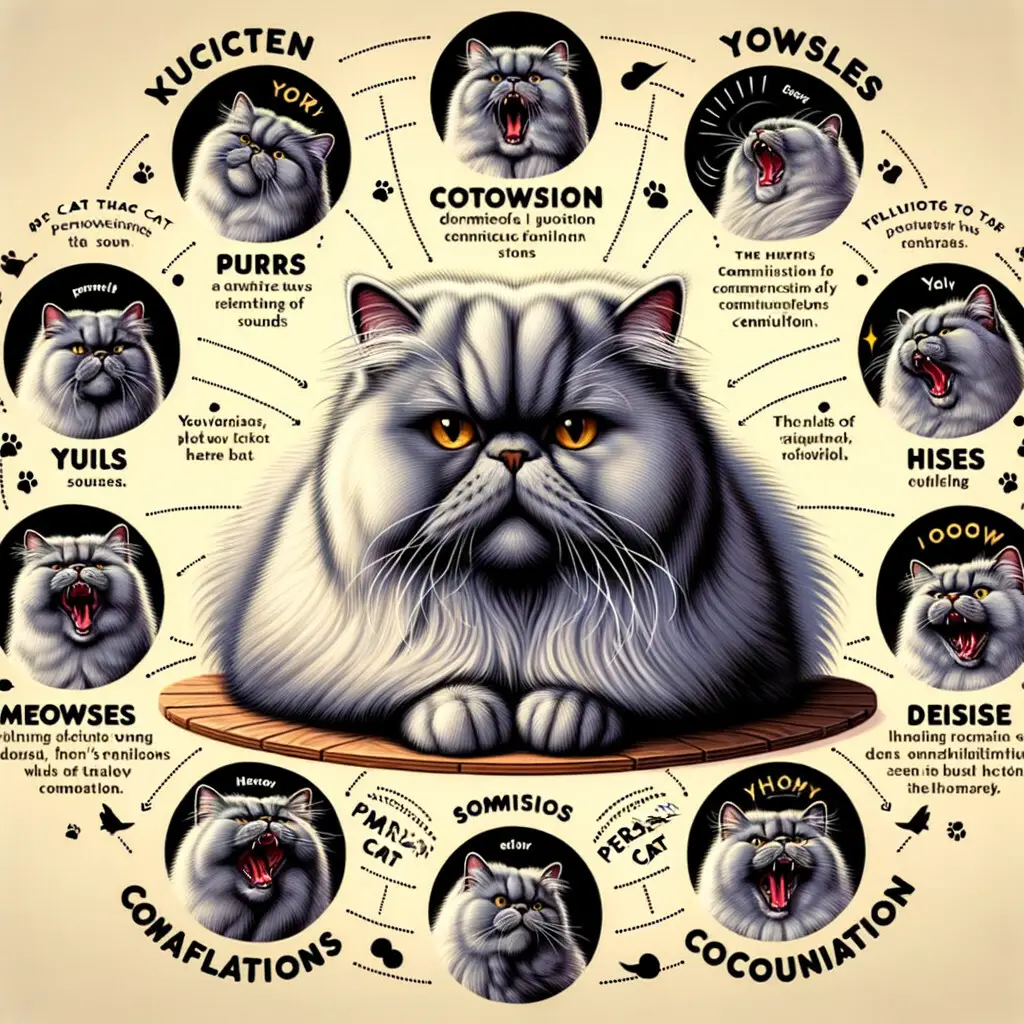 Infographic explaining Persian Cat Sounds, showcasing Persian Cat Communication and Behavior for better Understanding Persian Cat Noises, including Persian Cat Meowing and Talking, part of the Persian Cat Vocalization Guide.