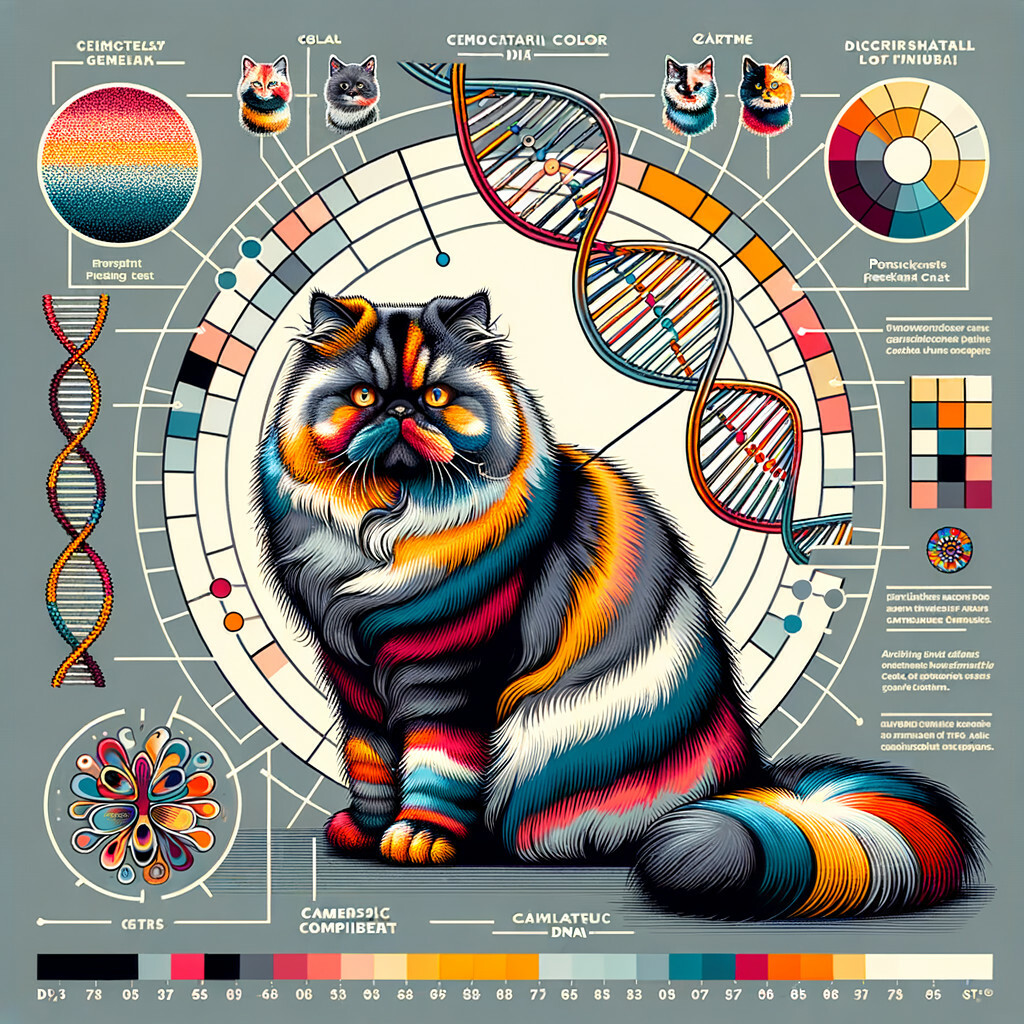 Infographic illustrating Persian Cat Genetics, showcasing Persian Cat Colors and Patterns, DNA strands for Understanding Cat Genetics, and color palette for Persian Cat Color Genetics and Pattern Variations in Persian Cats.
