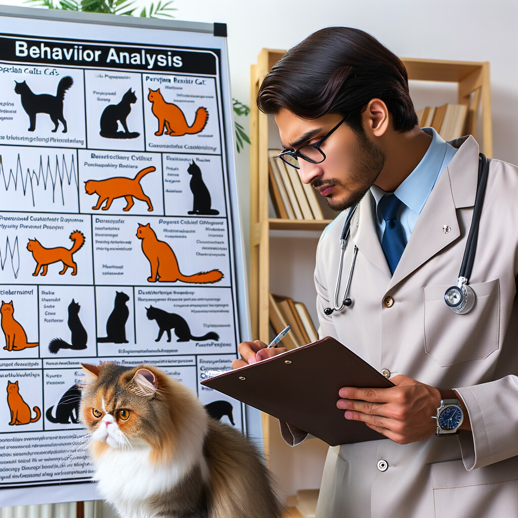 Persian cat psychologist observing and analyzing Persian cat behavior patterns, traits, and issues, emphasizing the understanding of Persian cat psychology and behavior analysis chart.