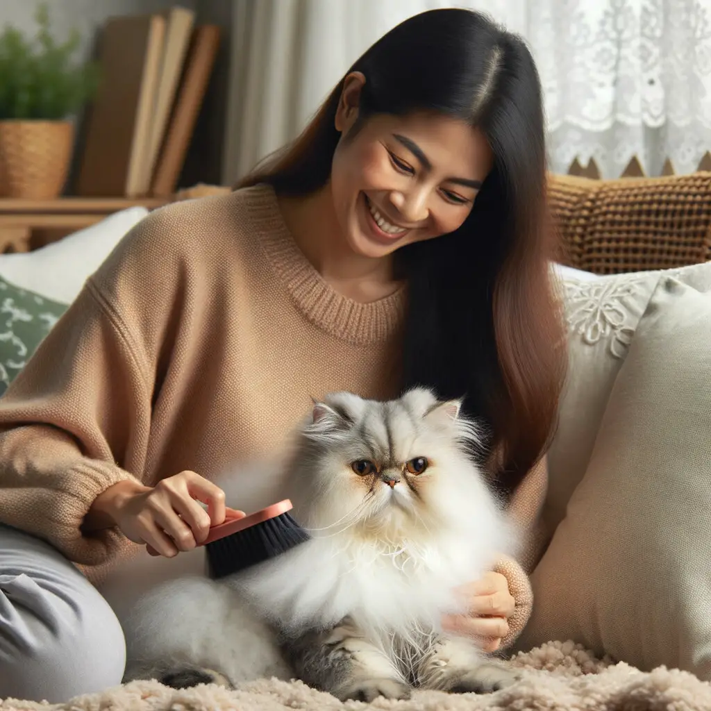 Happy owner caring for a mature Persian cat in a cozy home, showcasing the benefits and advantages of adopting older Persian cats.