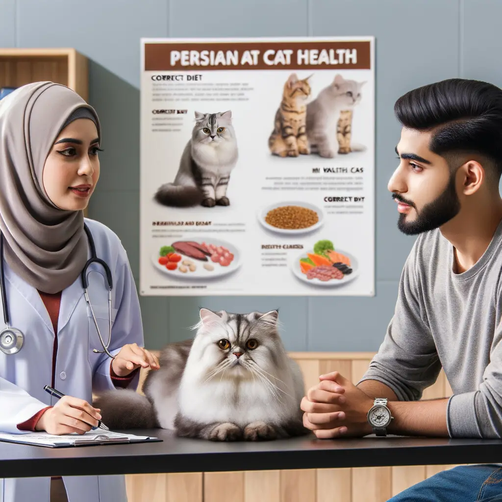 Veterinarian giving Persian cat health tips to owner with Persian cat care poster in background, guides on maintaining Persian cat health, Persian cat diet and grooming tools on table