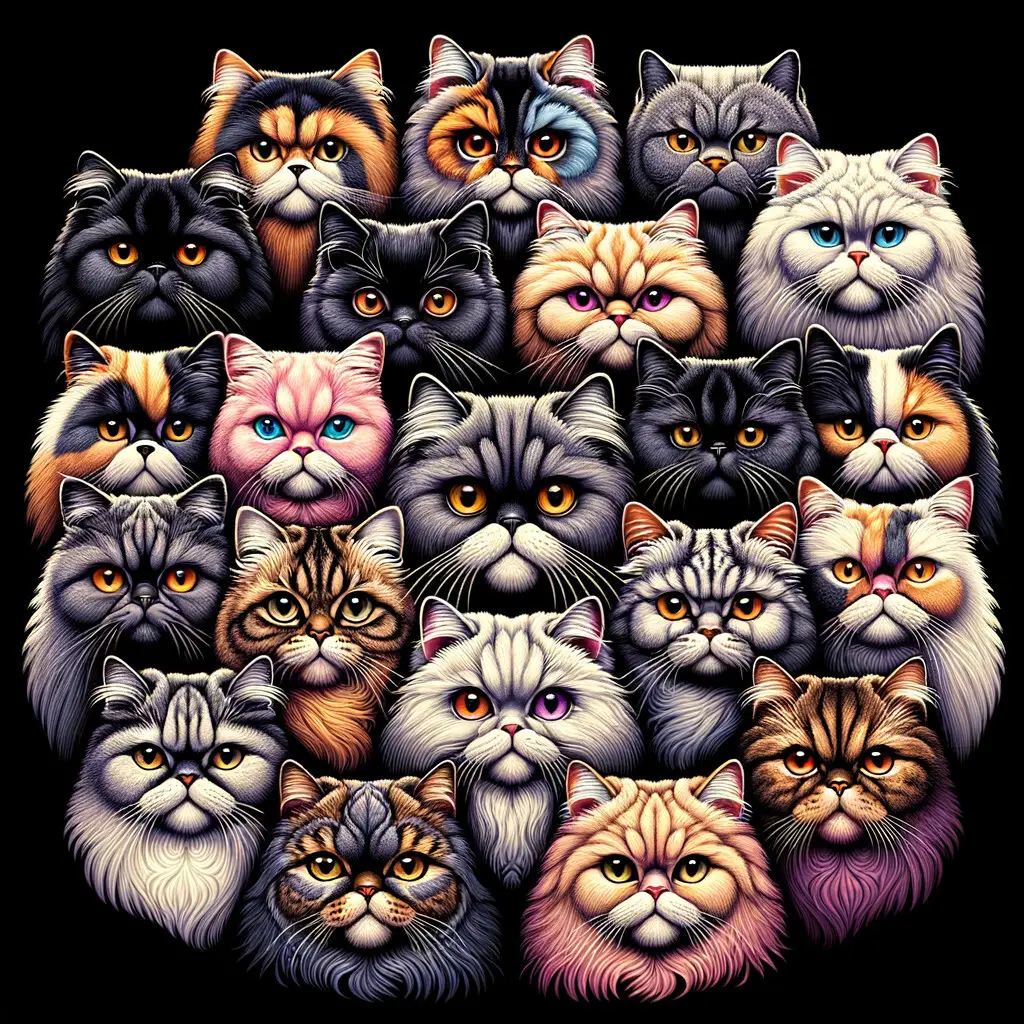 Vibrant display of diverse Persian cat breeds, celebrating the unique characteristics and variety in colors and patterns of different types of Persian cats.
