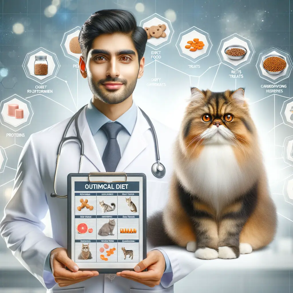Professional vet explaining Persian cat diet with a chart of healthy cat food for the best cat diet, showcasing Persian cat nutrition and cat health tips for Persian cat care, with a healthy Persian cat in the background symbolizing the results of following these Persian cat food recommendations and cat diet tips for optimal Persian cat health.