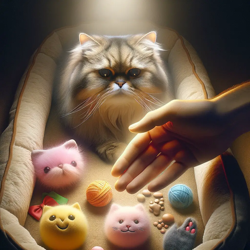 Grieving a Persian cat loss, dealing with pet bereavement and seeking Persian cat grief support, symbolized by a poignant image of a beloved cat's toys and bed.
