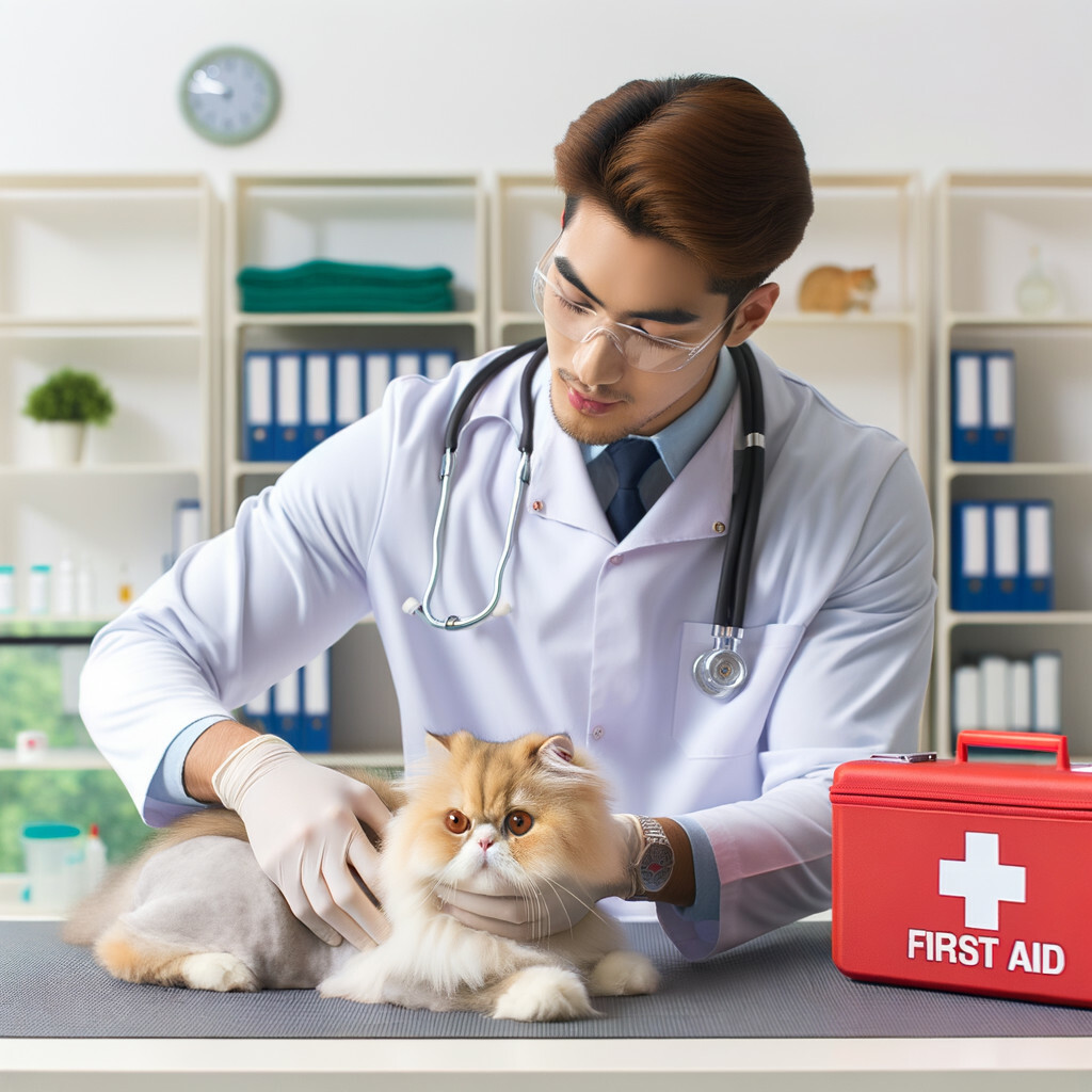Veterinarian demonstrating first aid procedures for Persian cat health issues, providing essential Persian cat care and emergency tips for owners in a well-lit clinic