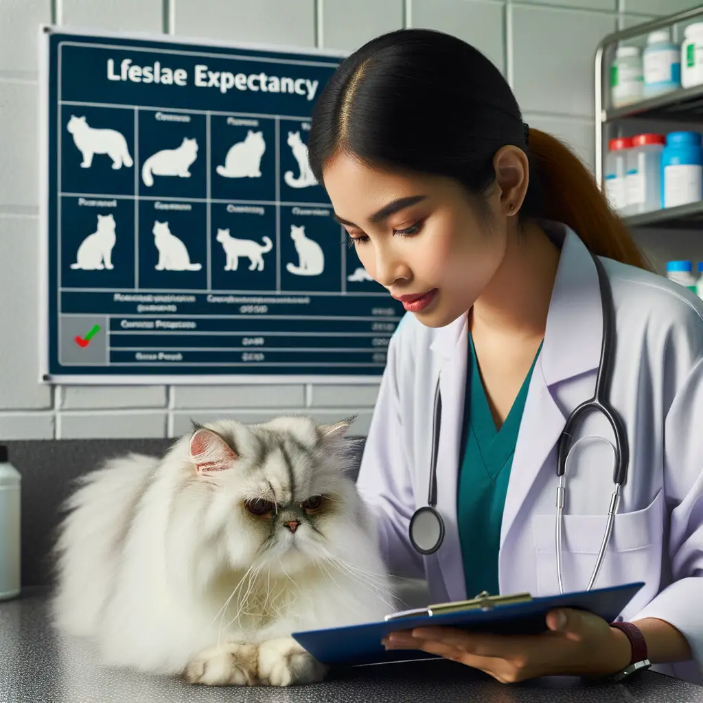 Veterinarian examining senior Persian cat's health, focusing on diet and grooming, with Persian cat lifespan chart and elderly cat care guidebook in background for comprehensive Persian cat care tips.