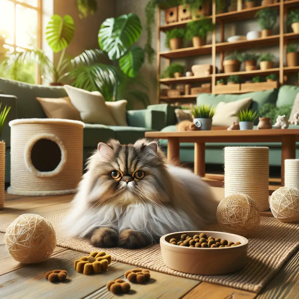 Persian cat lounging in a living room filled with eco-friendly cat care products, reflecting a green lifestyle for sustainable living with Persian cats.