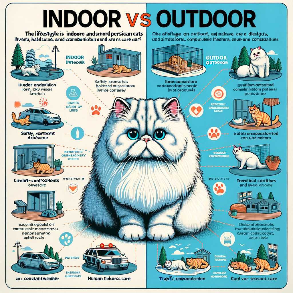Infographic illustrating the lifestyle, habitat, and care needs of indoor vs outdoor Persian cats, emphasizing the benefits of indoor life and potential risks of outdoor life for Persian cats.