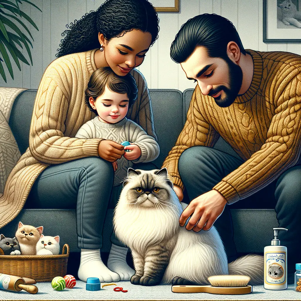 Child being introduced to a fluffy Persian cat under parental supervision, illustrating Persian cat behavior, characteristics, care, and adoption for raising cats with kids.