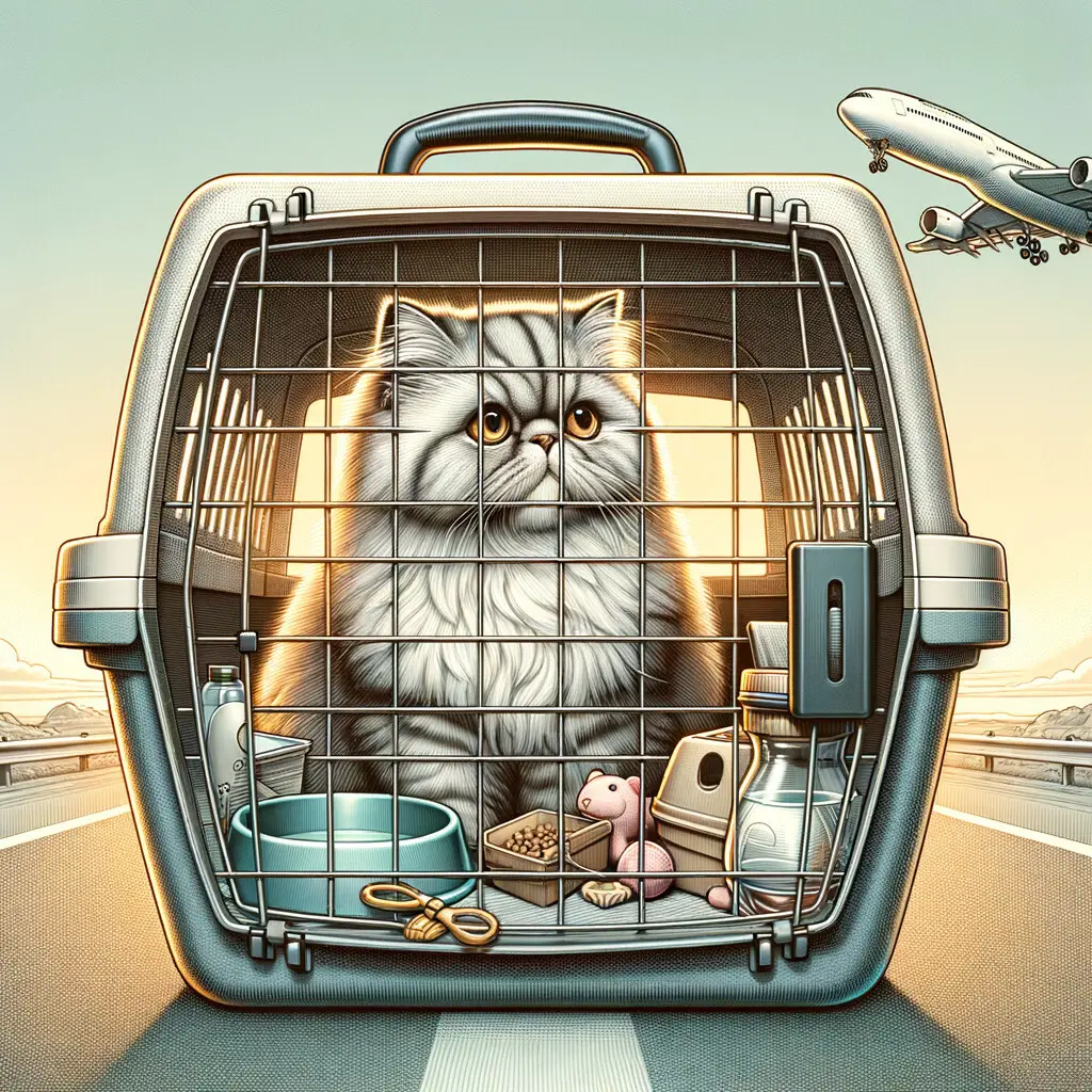 Persian cat comfortably settled in a travel carrier with travel essentials, illustrating a Persian Cat Travel Guide for safely traveling long distances with cats, emphasizing Persian cat care during travel.