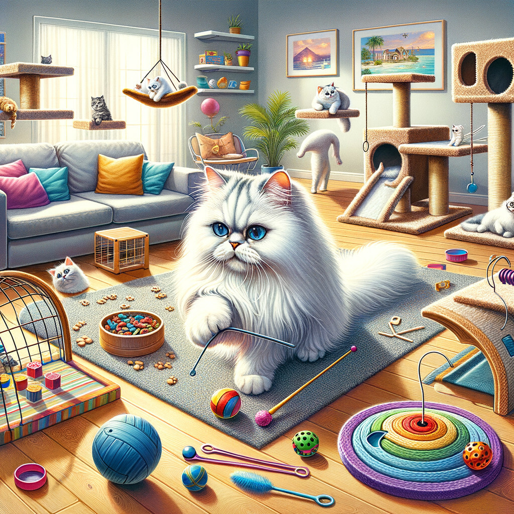 Persian cat engaging with interactive toys, showcasing Persian cat entertainment and enrichment activities for when the cat is home alone, highlighting Persian cat behavior and providing Persian cat care tips.