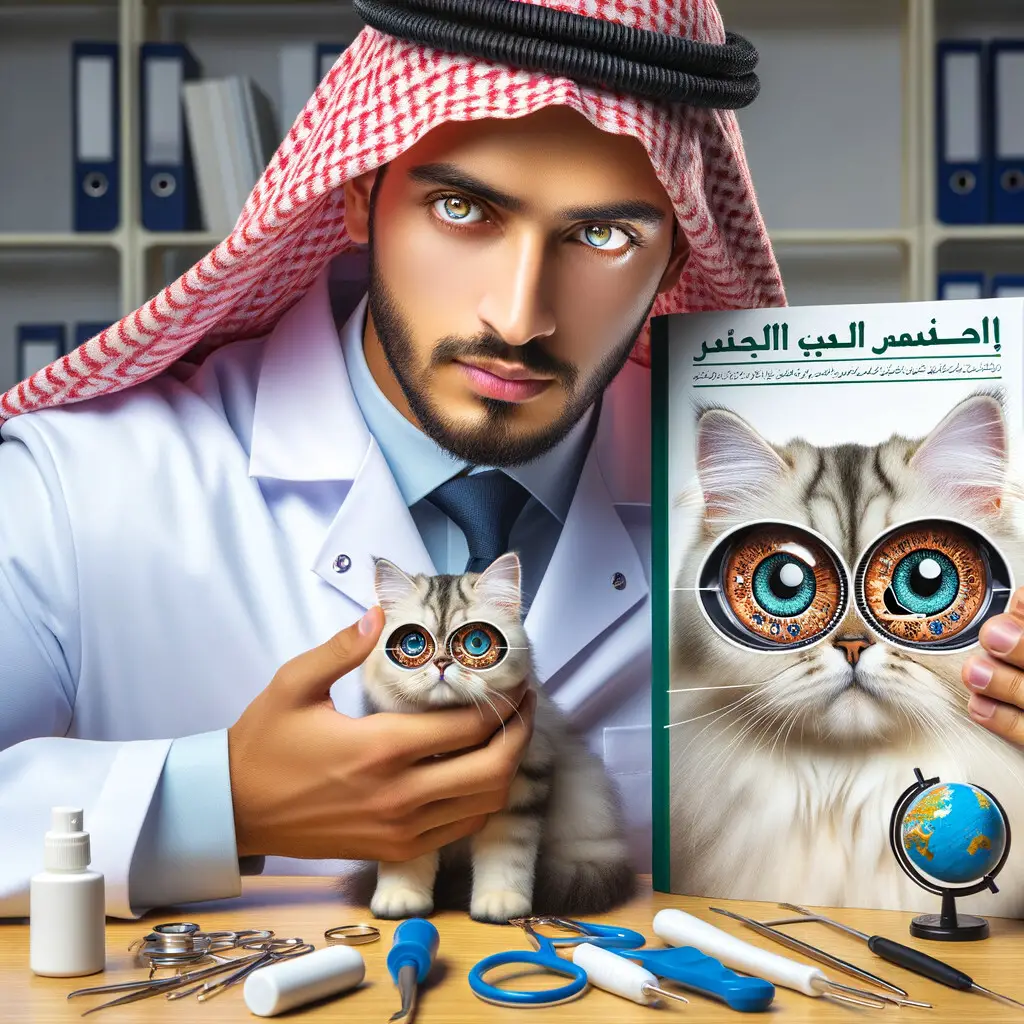 Veterinarian demonstrating Persian cat eye care routine with model and guidebook, emphasizing the importance of maintaining Persian cat eye health and preventing eye problems for healthy vision.