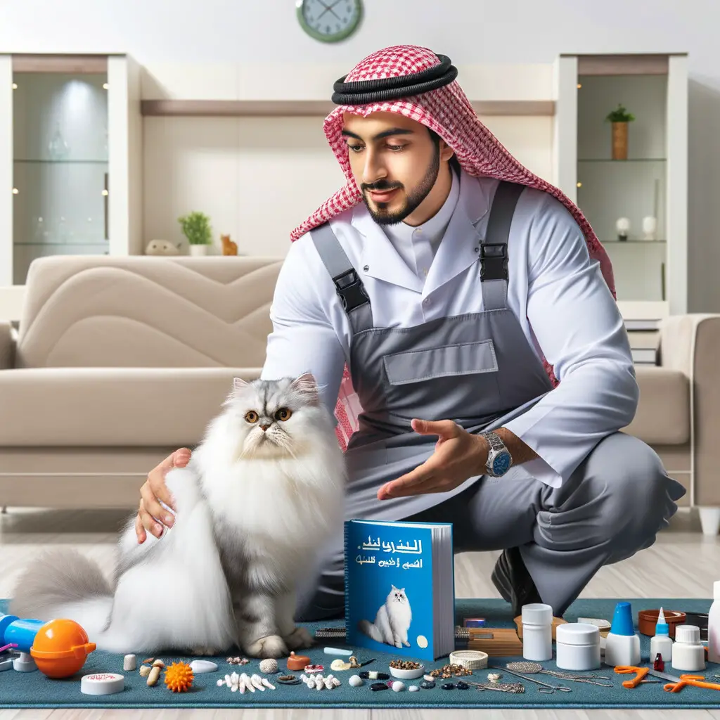 Professional cat trainer teaching Persian Cat Training Techniques and Tricks in a cozy living room, with a Persian Cat attentively following instructions, a 'Persian Cat Training Guide' book and cat care items visible, illustrating Tips for Training Persian Cats and Persian Cat Care Tips.