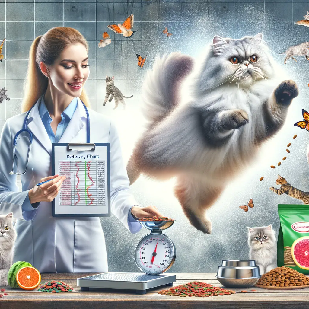 Veterinarian discussing Persian Cat Diet and Weight Management, highlighting Healthy Weight for Persian Cats, Persian Cat Nutrition, and Obesity Prevention strategies, with a playful Persian cat, weight scale, and nutritious cat food products.