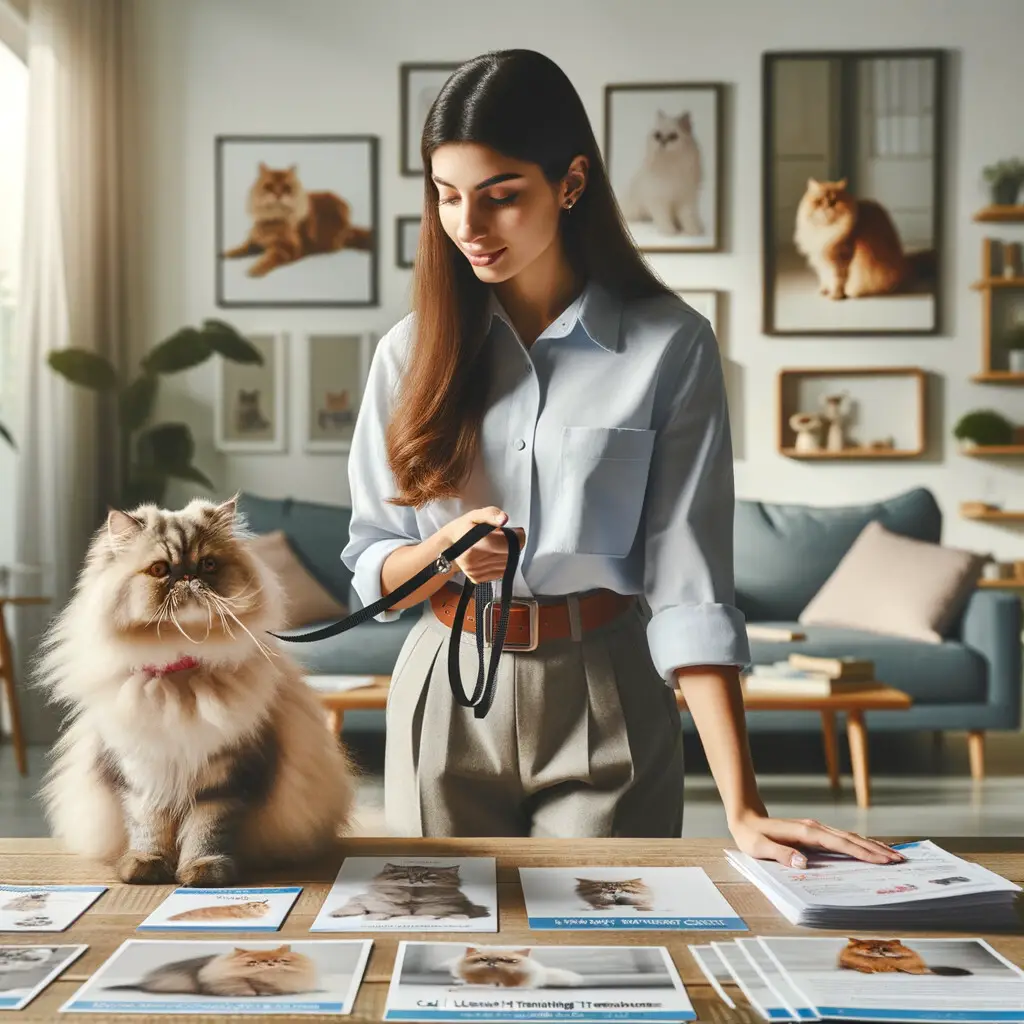 Professional cat trainer demonstrating leash training techniques to a Persian cat, surrounded by cat leash training tips and Persian cat care guides for effective indoor Persian cat behavior training and leash walking.