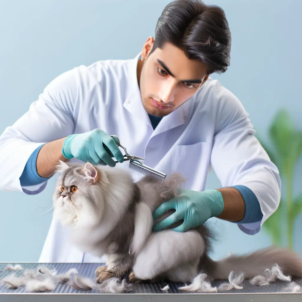 Professional pet groomer demonstrating Persian cat hair care and grooming techniques to manage and reduce cat hair shedding, providing solutions for Persian cat hair problems and loss