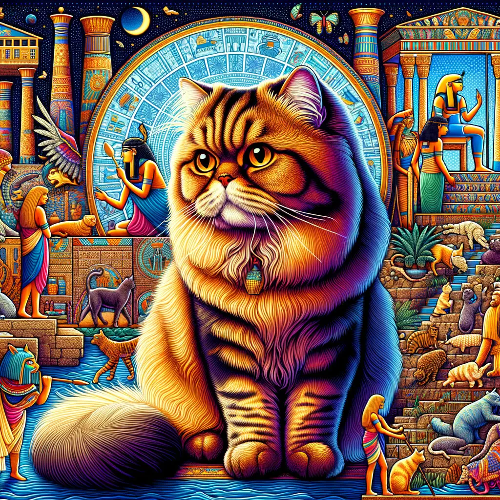 Vibrant illustration of Persian cats in ancient civilizations, highlighting their historical importance and distinct features, particularly their revered role in Ancient Egypt.