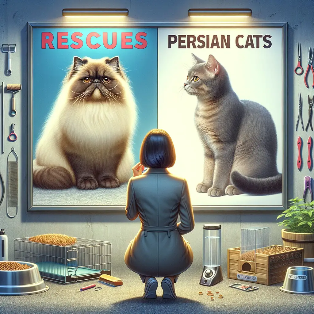 Potential cat owner weighing options between adopting a Persian cat from a shelter and buying from a breeder, showcasing Persian cat adoption, care, and breed information