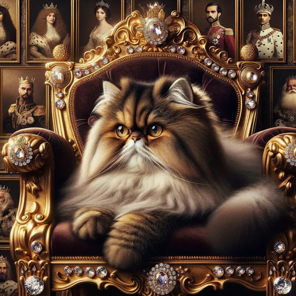 Royal Persian cat sitting on a throne, symbolizing its aristocratic history with kings, queens, and nobility, highlighting the connection between Persian cats and royalty.