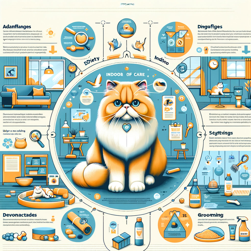 Infographic illustrating Persian Cat Care, highlighting Indoor Pet Advantages and Disadvantages of Indoor Cats, showcasing Persian Cat Indoor Lifestyle and tips on Keeping Persian Cats Indoors.