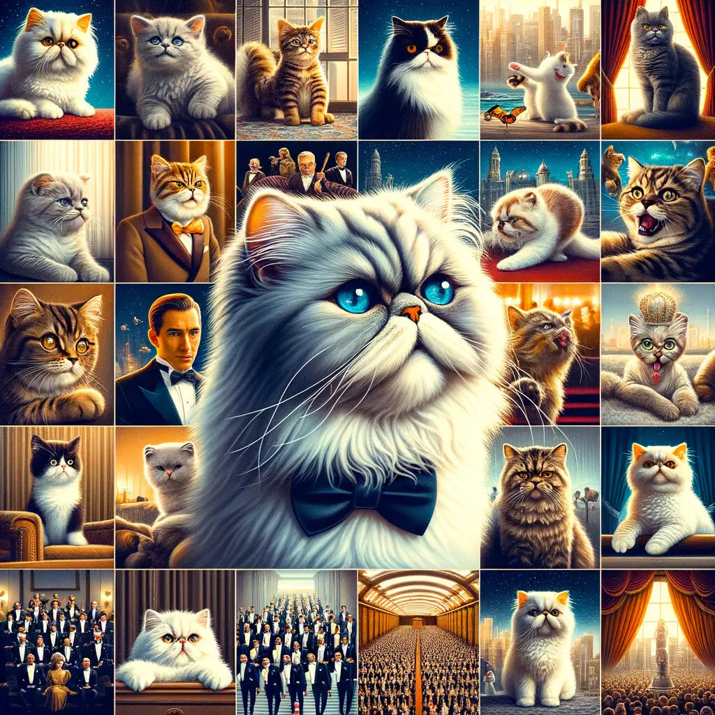 Collage of Persian Cats History in Show Business, featuring Famous Persian Cats from movies, entertainment, Persian Cat Show Winners, and various Persian Cat Breeds, illustrating the evolution of Persian Cat Show Standards.