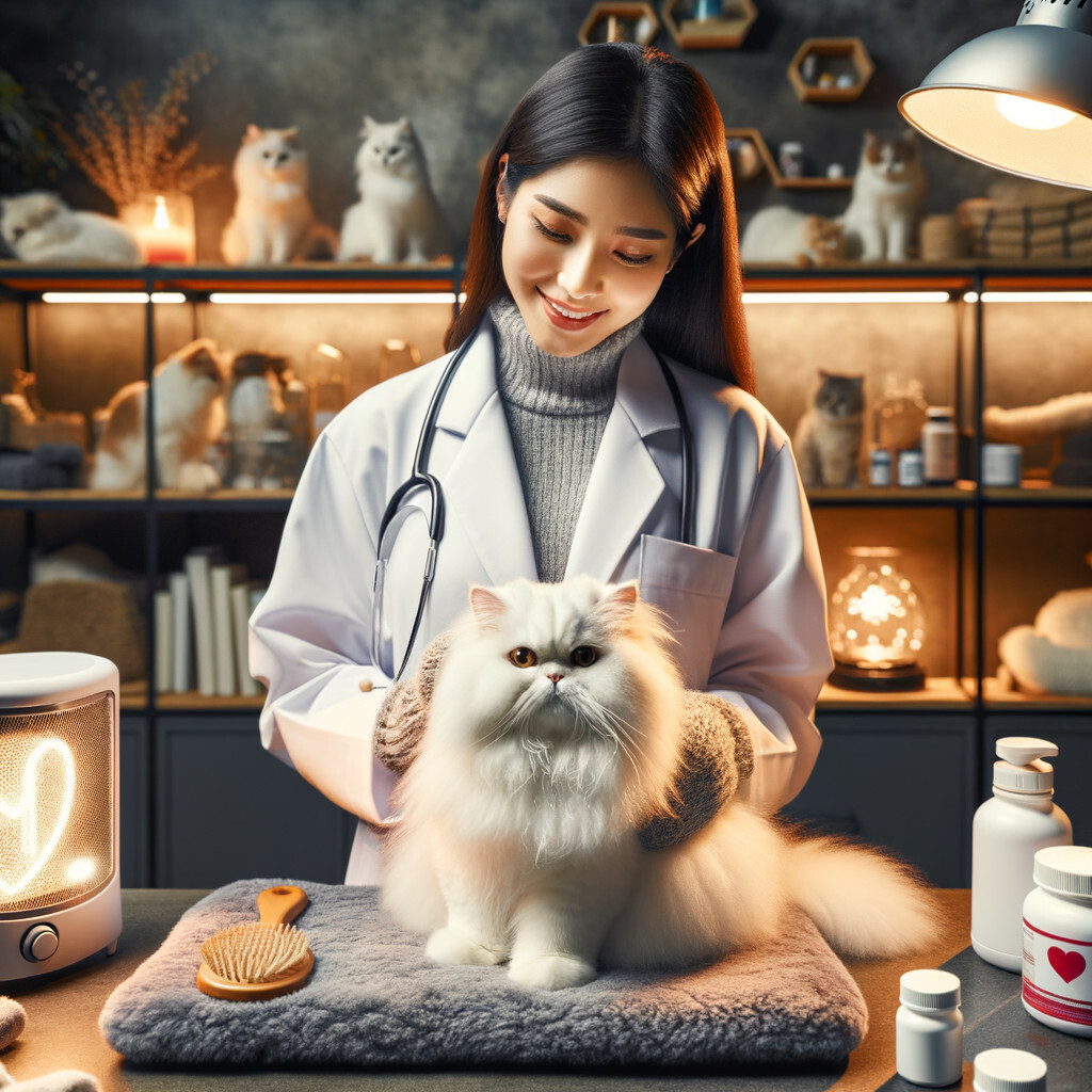 Veterinarian demonstrating Persian Cat Winter Care in a cozy clinic, highlighting essential winter health care items for Persian Cats, emphasizing the importance of winter safety and maintenance for your fluffy Persian cat.