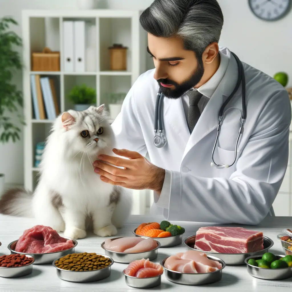 Veterinarian introducing safe, homemade food options for a Persian cat's diet, emphasizing on Persian cat nutrition and food preferences during a cat food transition phase