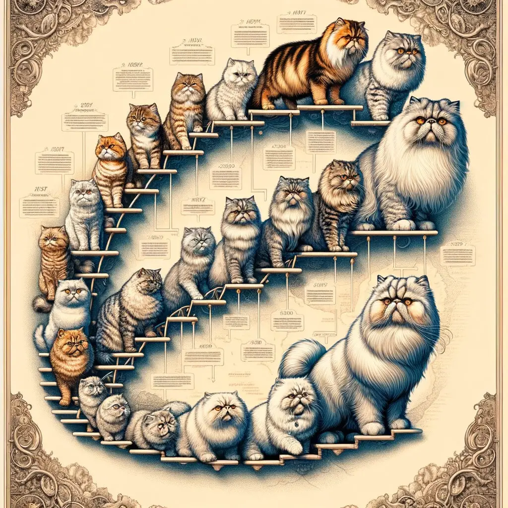 Infographic illustrating the evolution of Persian Cat breed, highlighting key milestones in Persian Cat history, significant changes in Persian Cat characteristics, and development of Persian Cat breed over centuries.