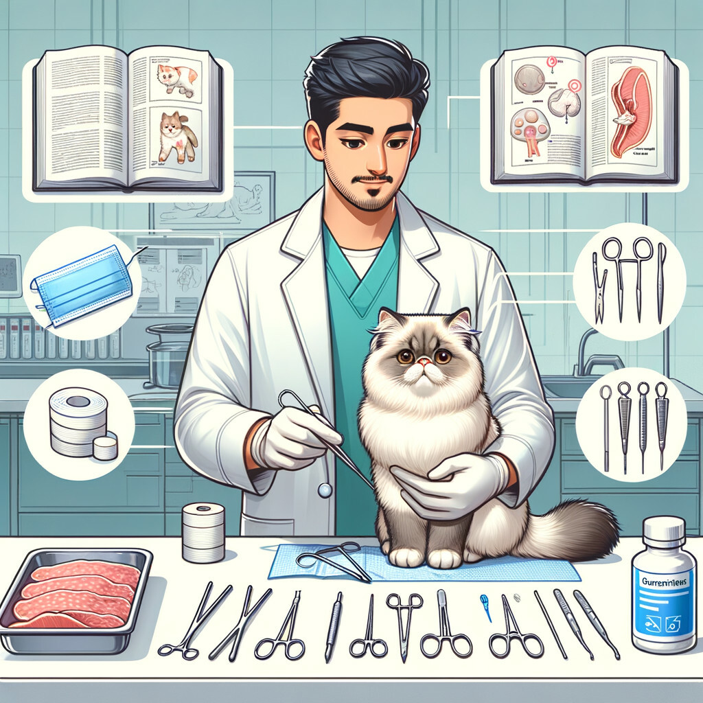 Veterinarian demonstrating Persian cat surgery preparation in a clinic, showcasing surgical tools, pre-surgery care, and recovery tips for Persian cat health care as part of a comprehensive cat surgery guide.