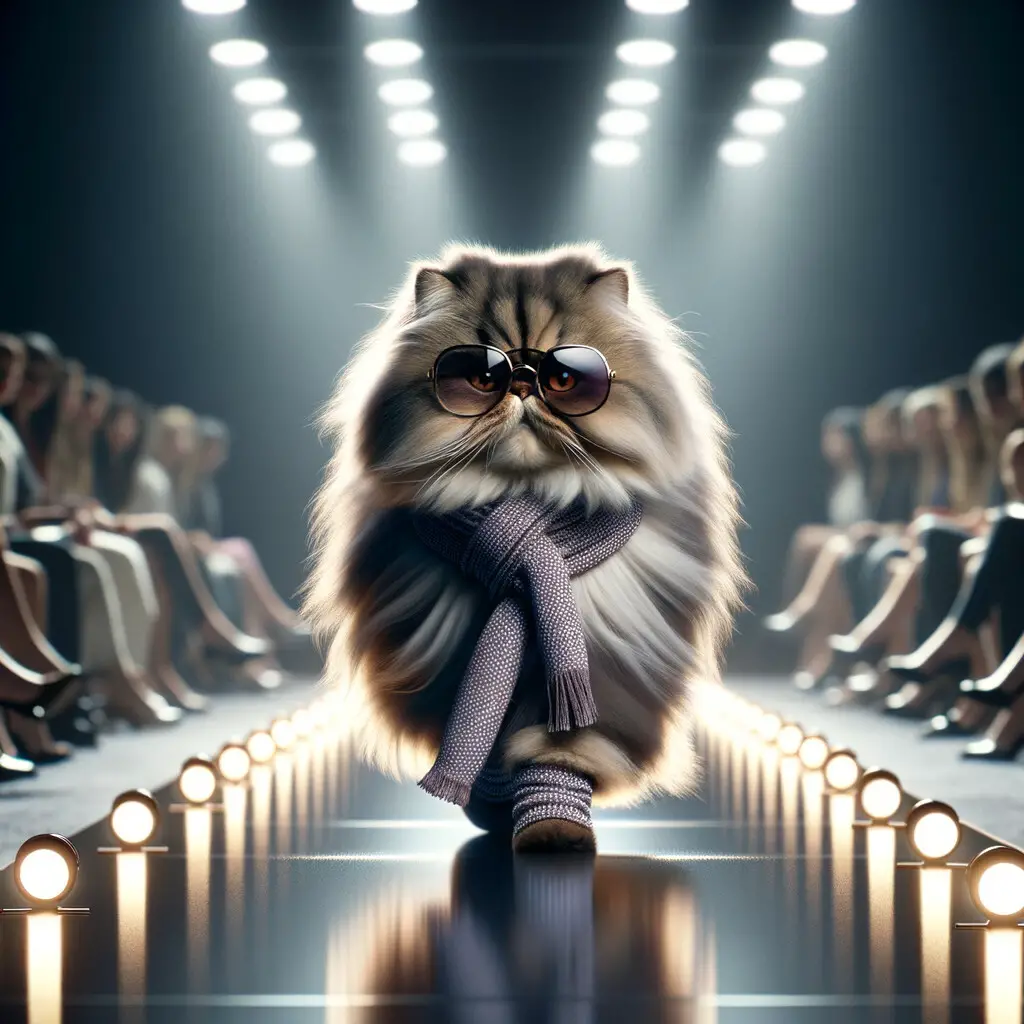 Stylish Persian cat showcasing Persian cat fashion trends on the catwalk, dressed in a chic Persian cat outfit with cat fashion accessories, representing the creativity of the cat fashion industry.
