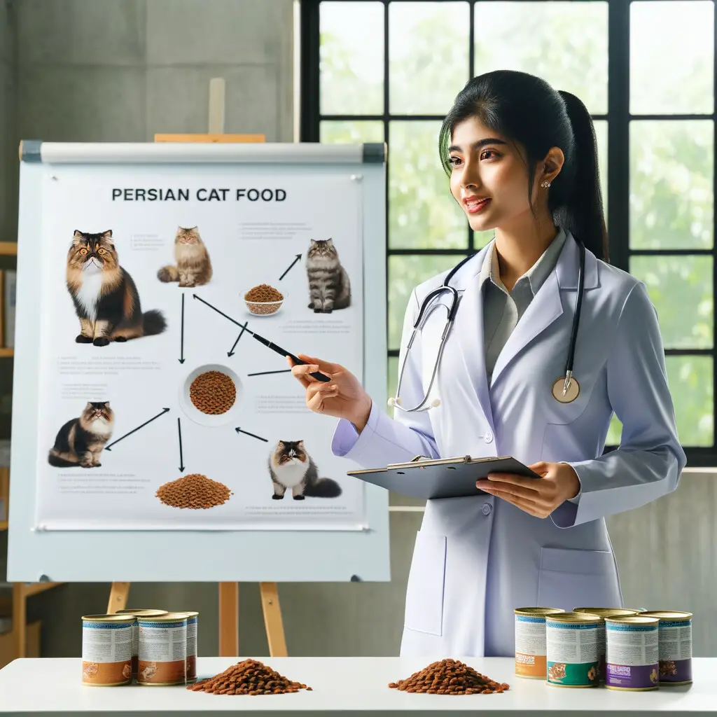 Veterinarian presenting Persian Cat Food Guide on whiteboard, showcasing best food for Persian cats and their nutritional requirements, highlighting the importance of essential cat nutrition and a healthy diet for Persian cats.