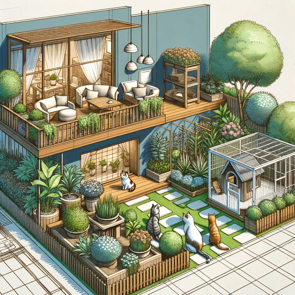 Cat-friendly garden design featuring safe plants for cats, a balcony cat enclosure for outdoor cat safety, and a dedicated play area showcasing creative cat garden ideas for a secure and enjoyable outdoor space.