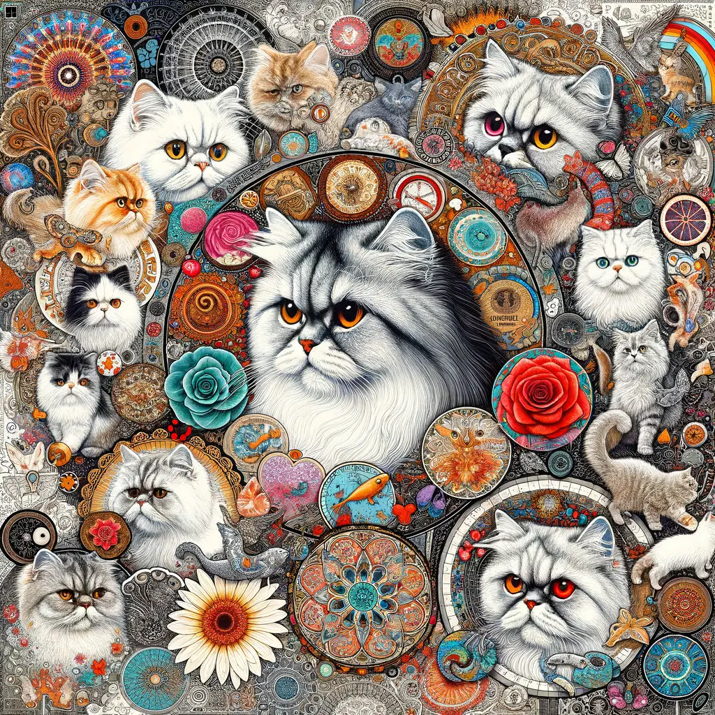 Collage of famous Persian cats in history and culture, showcasing Persian cat breeds, depictions in art and literature, and their cultural significance and influence