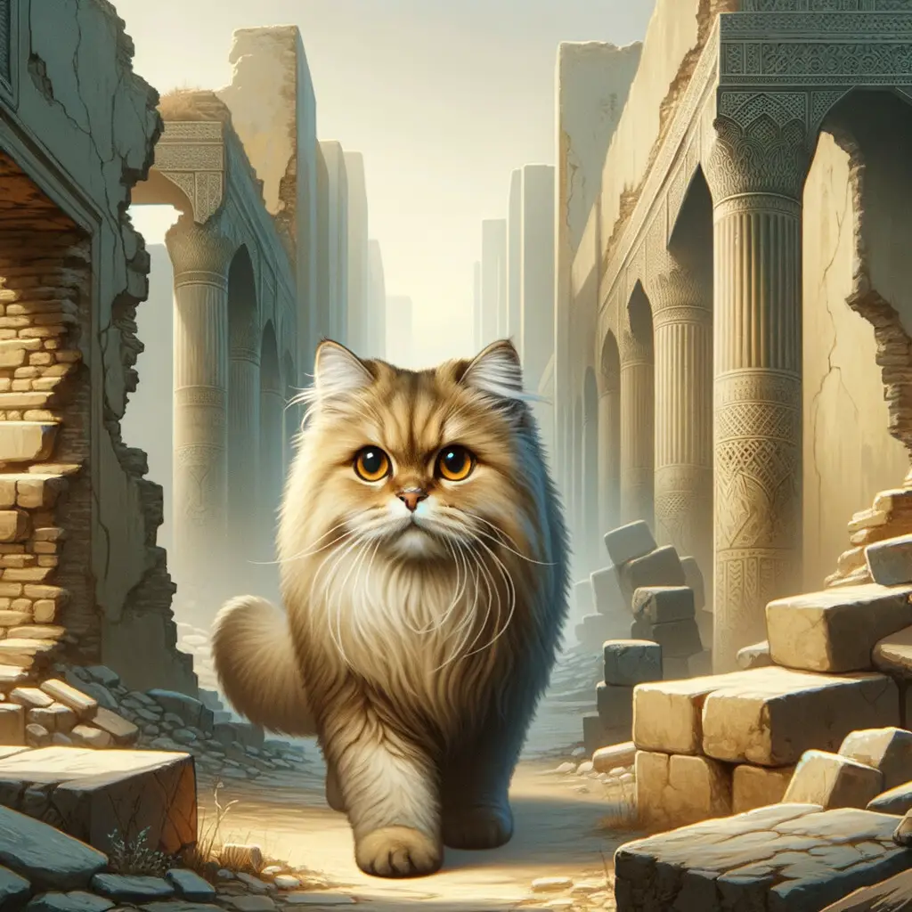 Majestic Persian cat with long, silky fur and expressive eyes standing proudly in Ancient Persian ruins, representing the rich history, legacy, and origin of Persian Cats in ancient civilizations.