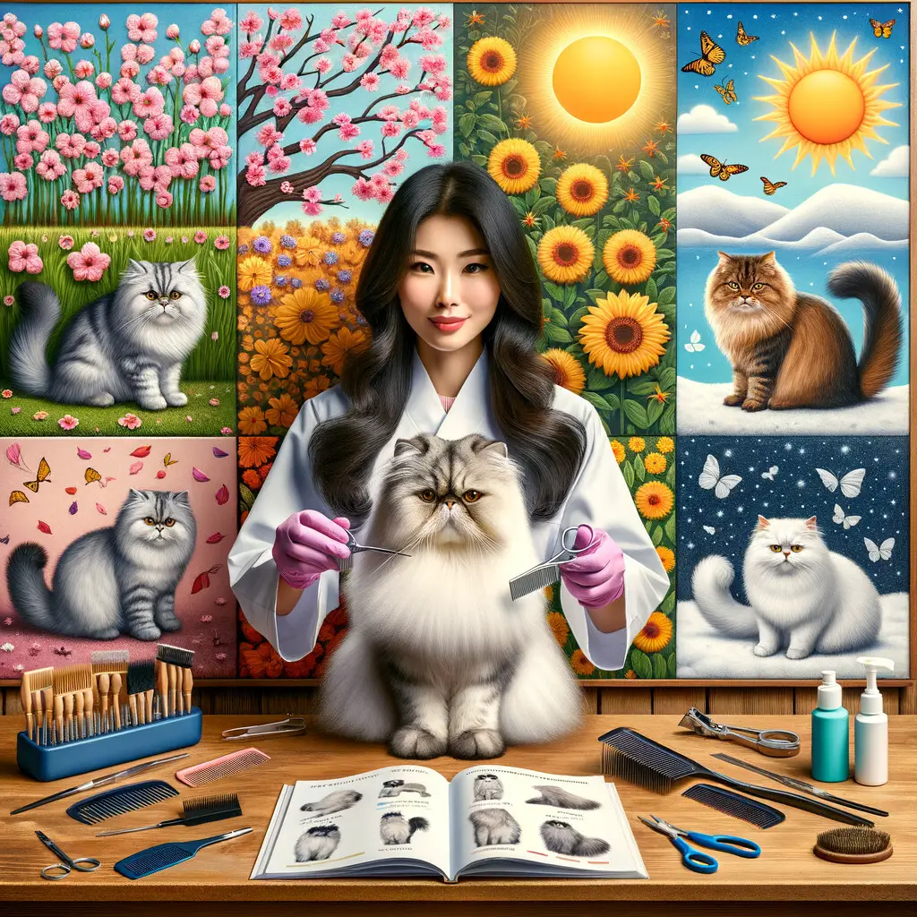 Professional Persian cat groomer demonstrating seasonal cat care tips for maintaining Persian cat coat, surrounded by grooming tools and Persian cat care guide book about fur maintenance, emphasizing the importance of year-round Persian cat fur care.