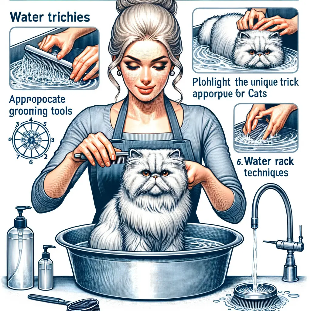 Professional groomer demonstrating Persian cat bathing guide, using water tips and grooming tools to bathe a relaxed Persian cat, showcasing bathing tricks for Persian cats.