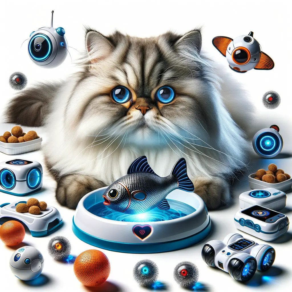 Persian cat enjoying high-tech interactive cat toys and gadgets, highlighting the benefits of technology for cats and Persian cat care for tech-savvy cat owners.