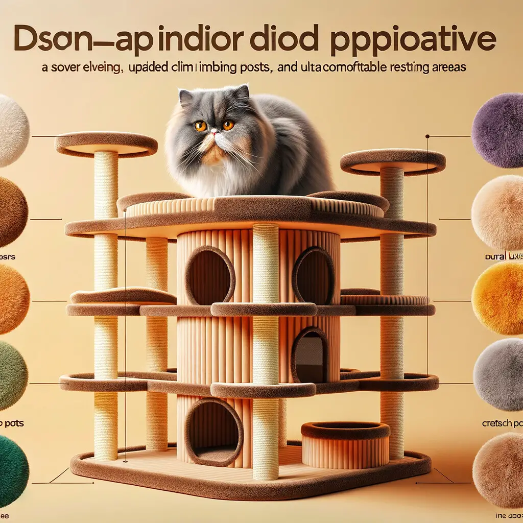 Luxurious, high-quality Persian cat-friendly condo with multiple levels, climbing trees, and scratching posts, showcasing the best indoor cat furniture for Persian cats