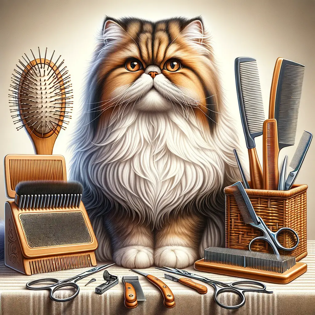 Persian cat grooming tools including brushes, combs, and clippers displayed on a table with a well-groomed Persian cat, illustrating the best grooming tools for Persian cats and essential cat grooming tips for long-haired cat owners.
