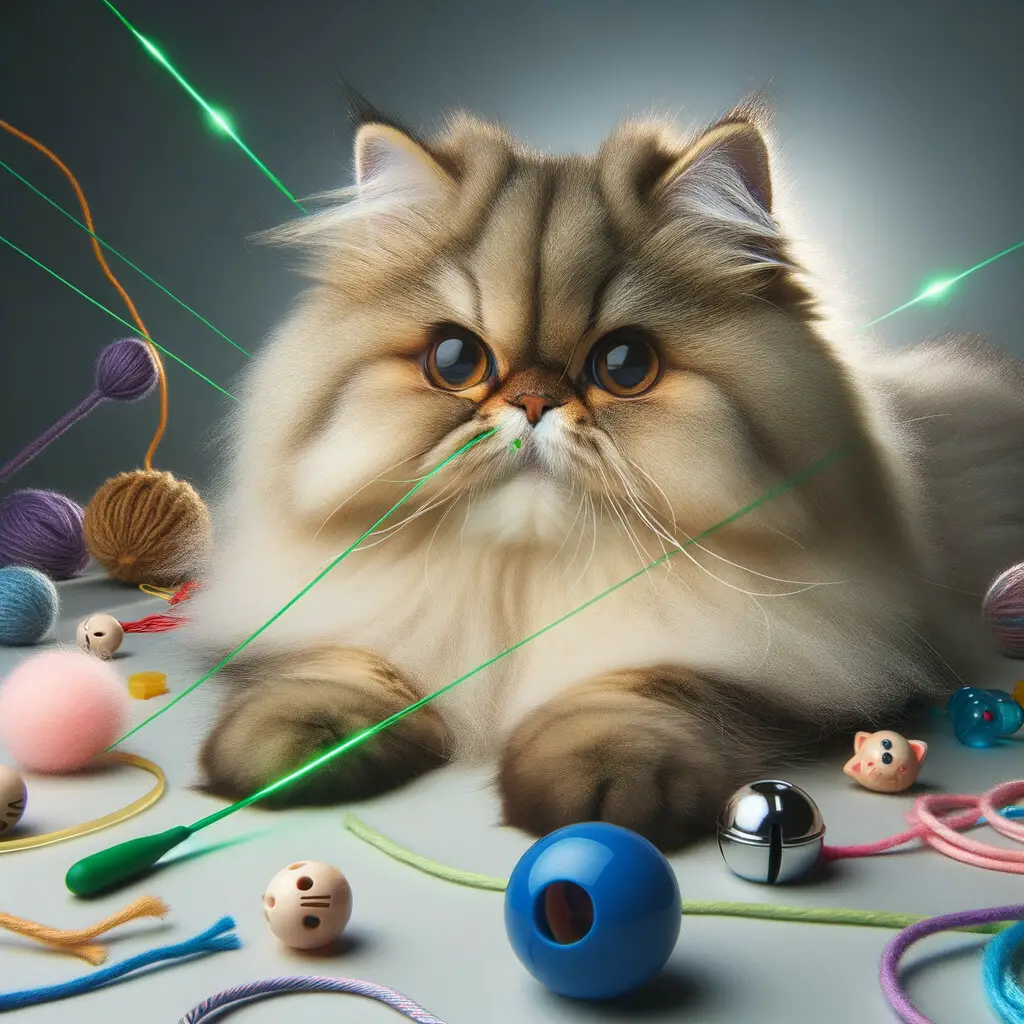 Persian cat engaging in interactive play with playtime essentials, showcasing Persian cat play habits and the importance of play for Persian cats' health and daily activities.