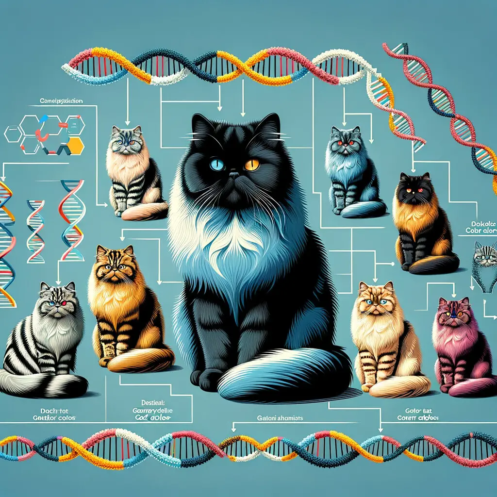 Infographic explaining Persian cat coat colors and genetics, featuring DNA strands, different Persian cat breed color patterns, and a flowchart for understanding cat genetics.