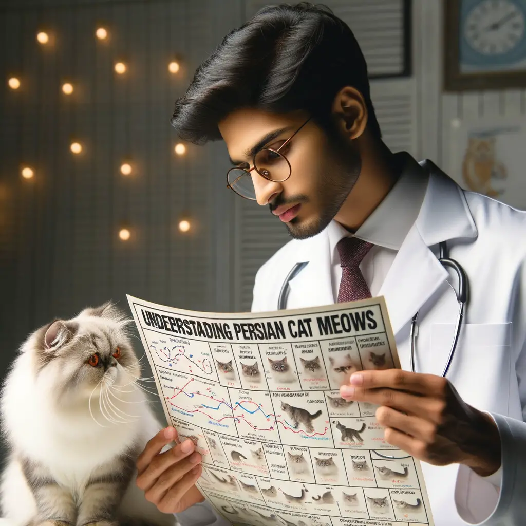 Veterinarian studying Persian Cat Behavior and Understanding Persian Cat Meows, interpreting cat meows and decoding cat sounds for better Persian Cat Communication, with a Persian cat in the background.