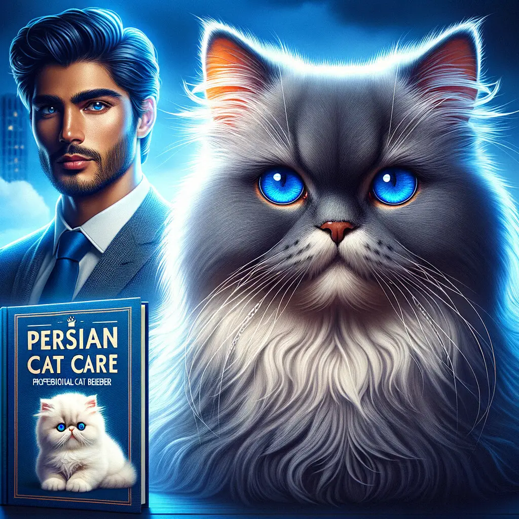 Blue-eyed Persian cat showcasing distinct Persian cat characteristics and eye color, lounging with a Persian cat breeder, Persian cat care guide, and a blue-eyed Persian kitten in the background, illustrating the history and health issues of Persian cats.